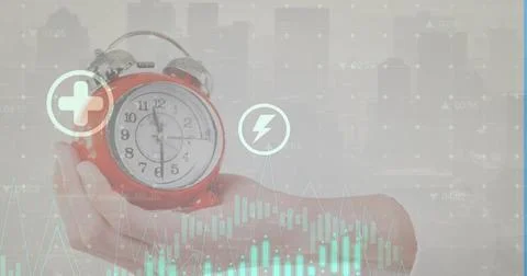 Image of data processing over hand with clock Foto stock