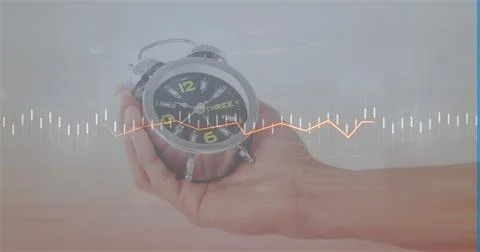 Image of data processing over hand with clock Foto stock