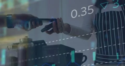Image of data processing over hand paying with smartphone Stock Photos