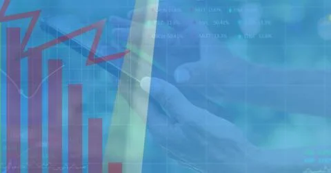 Image of data processing over hands using tablet Illustrazione stock