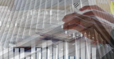 Image of data processing over hands using computer in office Stock Photos