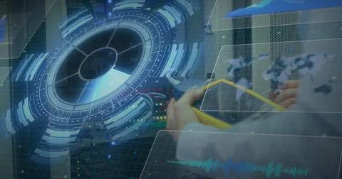 Image of data processing over hands of caucasian man checking servers Foto stock