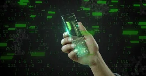 Image of data processing over hands with digital screens Stock Photos