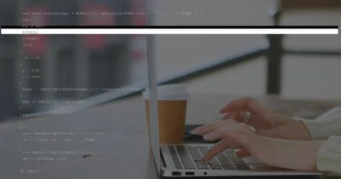 Image of data processing over hands using laptop Foto stock