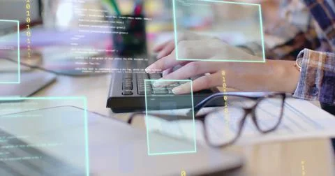 Image of data processing over hands of biracial businesswoman using computer at Foto stock