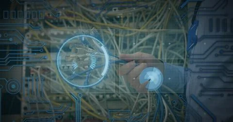 Image of data processing over hands of caucasian man holding computer wires 写真素材