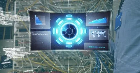 Image of data processing over hands of caucasian man checking computer wires 스톡 사진