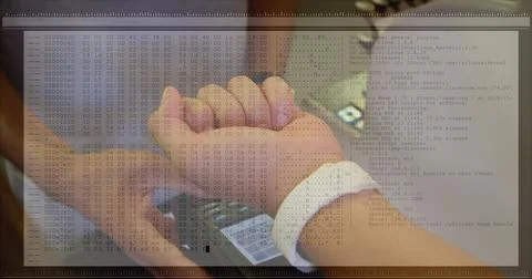 Image of data processing over hands of caucasian man paying with smartwatch Stock Photos