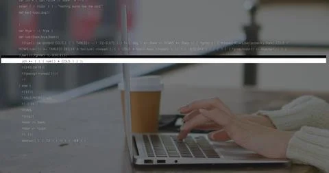 Image of data processing over hands using laptop Stock Photos