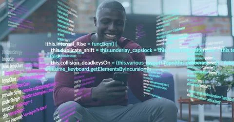 Image of data processing over happy african american man using smartphone at Stock Photos