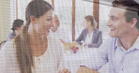 Image of data processing over happy caucasian woman and man drinking coffee and Foto stock