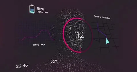 Image of data processing over head model on black background 스톡 사진