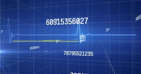 Image of data processing over heartbeat monitor and grids on blue background Stock Photos