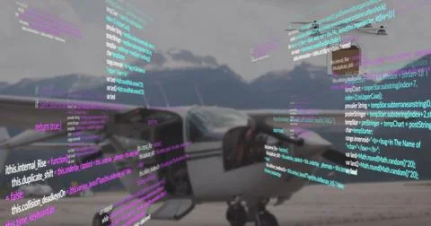 Image of data processing over helicopter and mountain landscape Foto stock