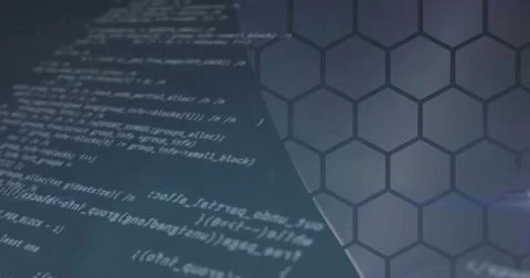 Image of data processing over hexagons on blue background Foto stock