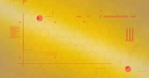Image of data processing over hexagons on yellow background Stockfoto's