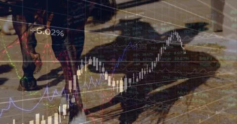 Image of data processing over horses in stable Foto stock