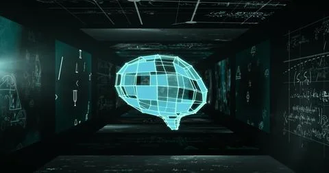 Image of data processing over human brain and screens 스톡 사진