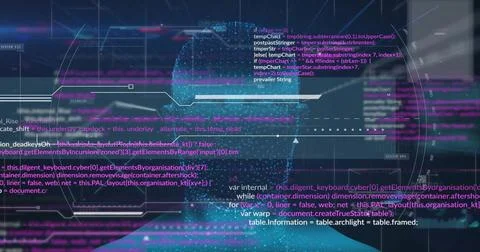 Image of data processing over human head on dark background Foto stock