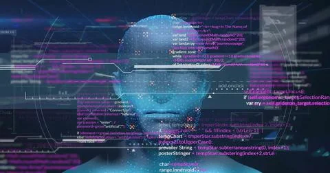 Image of data processing over human head on dark background Stock Photos