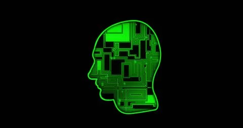 Image of data processing over human head with computer circuit board on black Stock Photos