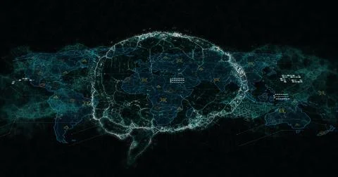 Image of data processing over human brain and dna strand Stock Photos