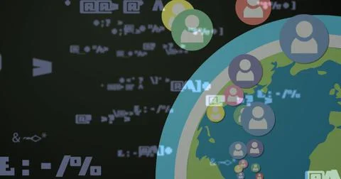 Image of data processing over icons and globe on black background Illustrazione stock