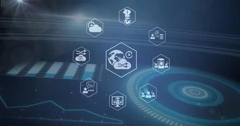 Image of data processing over icons and scope Illustrazione stock