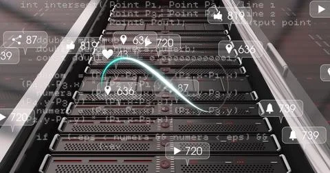 Image of data processing over icons and server room Stock Photos
