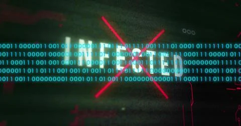 Image of data processing over infected text and computer circuit board on black Stockillustratie