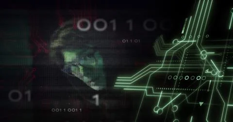 Image of data processing over integrated circuit and caucasian male hacker Stock Photos