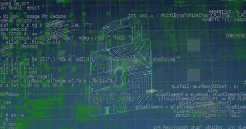 Image of data processing over integrated circuit in green and black space Foto stock