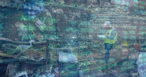 Image of data processing over junkyard 写真素材