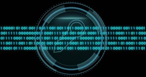 Image of data processing over key icon and scope scanning Illustrazione stock