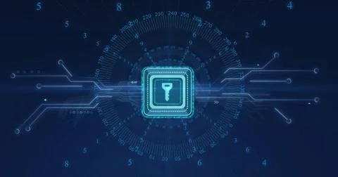 Image of data processing over key icon with computer circuit board on black Foto stock