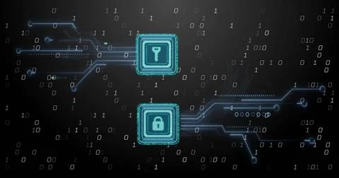 Image of data processing over key and padlock icons on black background 스톡 사진