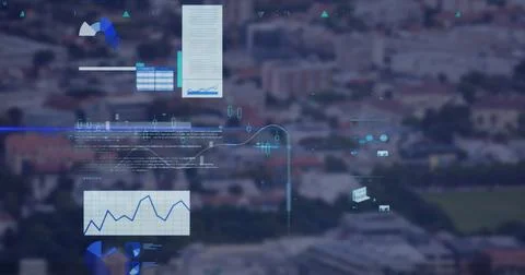 Image of data processing over landscape Stockfoto's