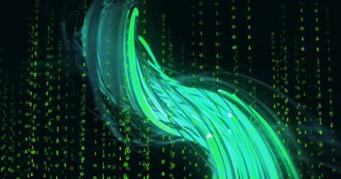 Image of data processing over light trails on black background Stock Illustration