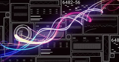 Image of data processing over light trails on black background Stock Illustration