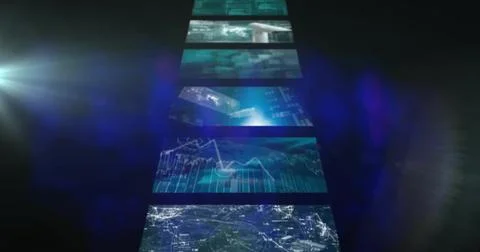 Image of data processing over light trails on black background Illustrazione stock