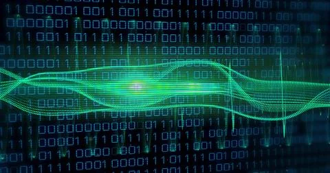 Image of data processing over light trails and spots on black background Illustrazione stock