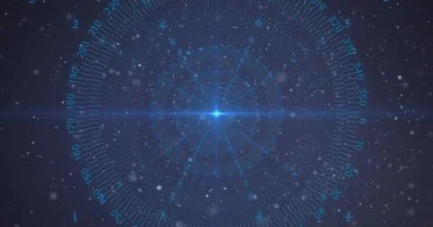 Image of data processing over light spots on black background Stockillustratie