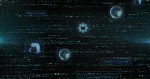 Image of data processing over light spots on black background Illustrazione stock