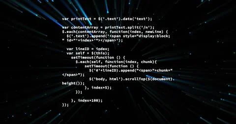 Image of data processing over light trails on black background Stockfoto's