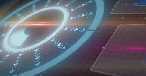 Image of data processing over light trails on purple background Stock Photos