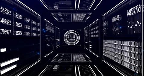 Image of data processing over light trails on black background Stock Photos