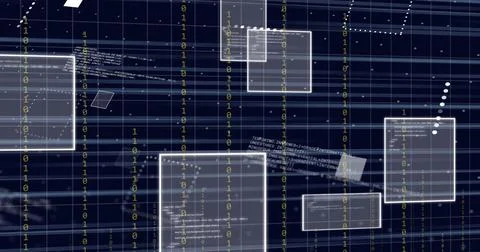 Image of data processing over light trails on black background 스톡 사진