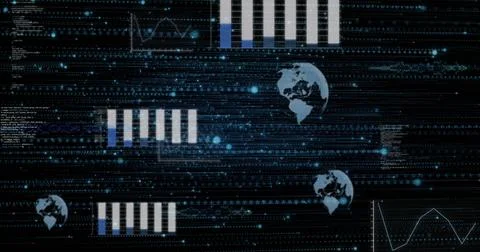 Image of data processing over light spots on black background 스톡 사진
