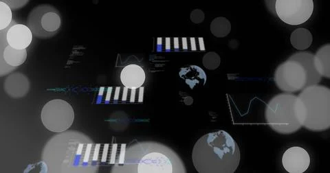 Image of data processing over light spots on black background 스톡 사진