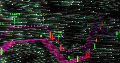 Image of data processing over light trails on black background 库存照片